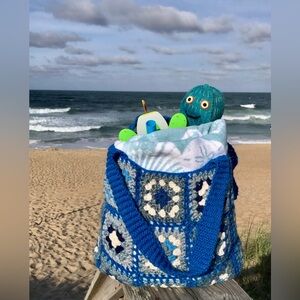 Handmade Crochet & Knit Granny Square Shoulder Carry Tote Bag Coastal Blues OOAK
